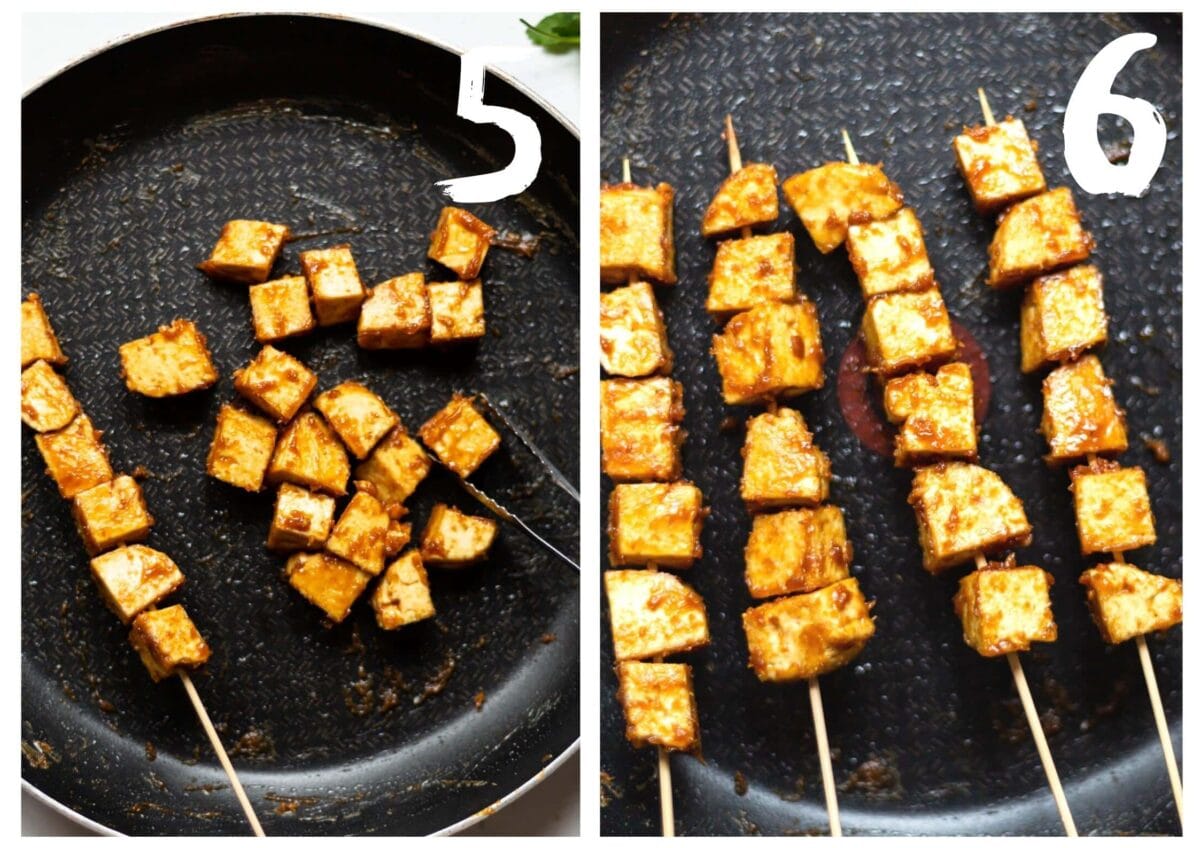 Two photos showing the tofu squares being added to the skewers.