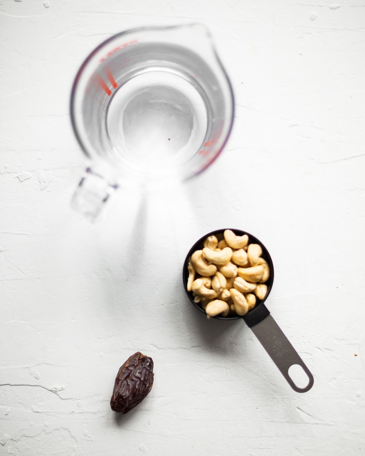 Ingredients for cashew milk, photographed from above.