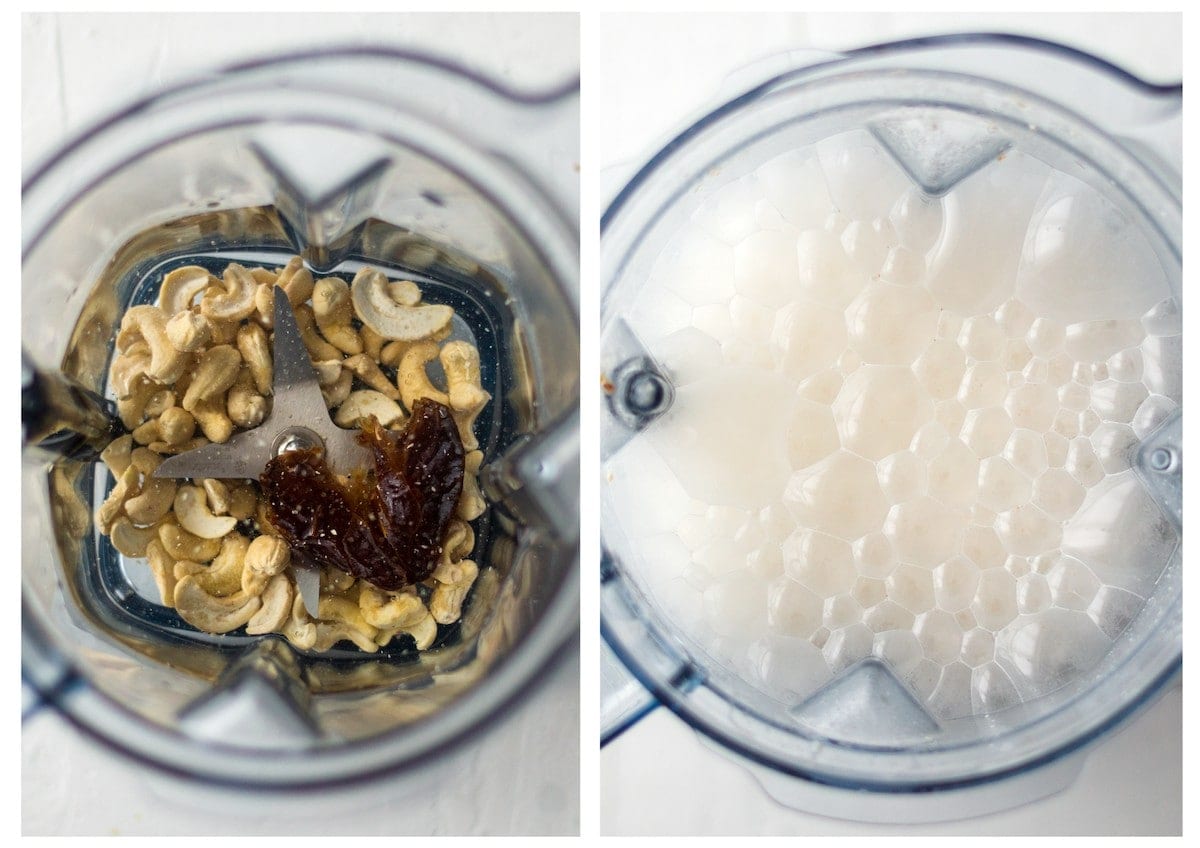 Side by side photographs of a blender jug. On the left, with cashews, a date and water in, prior to blending. On the right, the blended cashew milk.