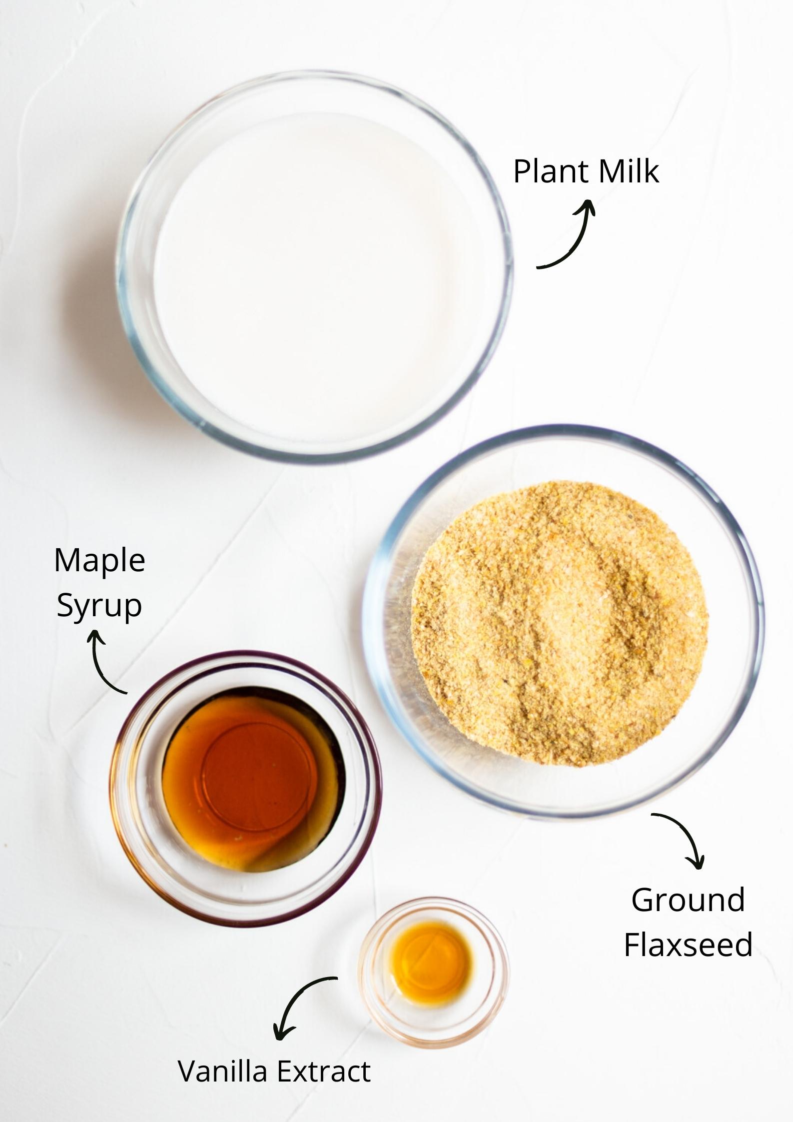 The flaxseed pudding ingredients laid out on a white background. 