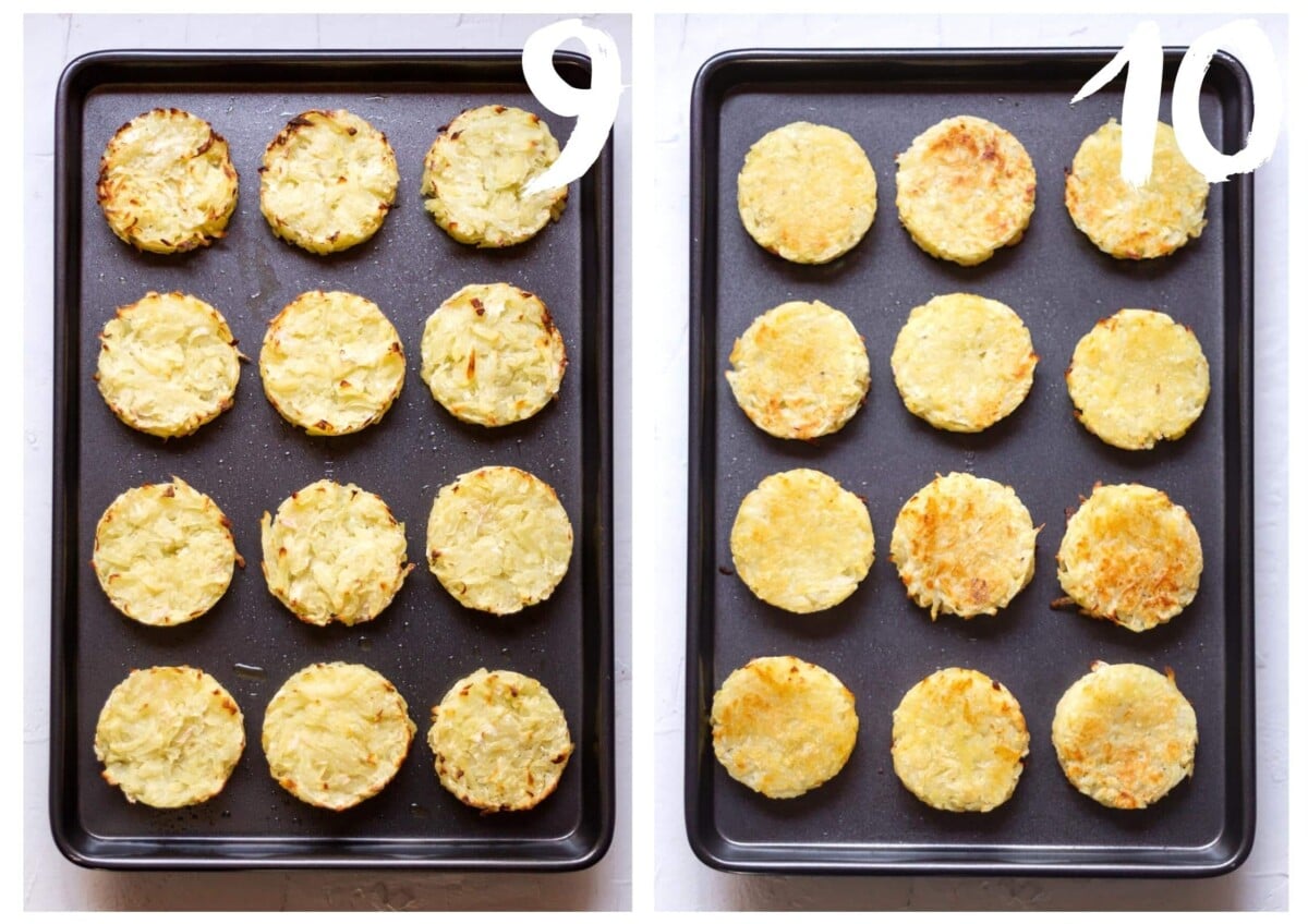 Two side by side photos of the hash browns on a black baking tray. On the left shows the hash browns partially cooked. On the right shows the hash browns after being flipped, ready to go back in to the oven to finish cooking.