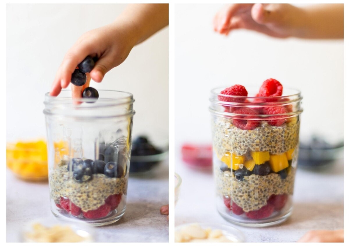 Two side by side photos showing different stages of layering a mason jar with fresh fruit and the chia and flaxseed pudding.