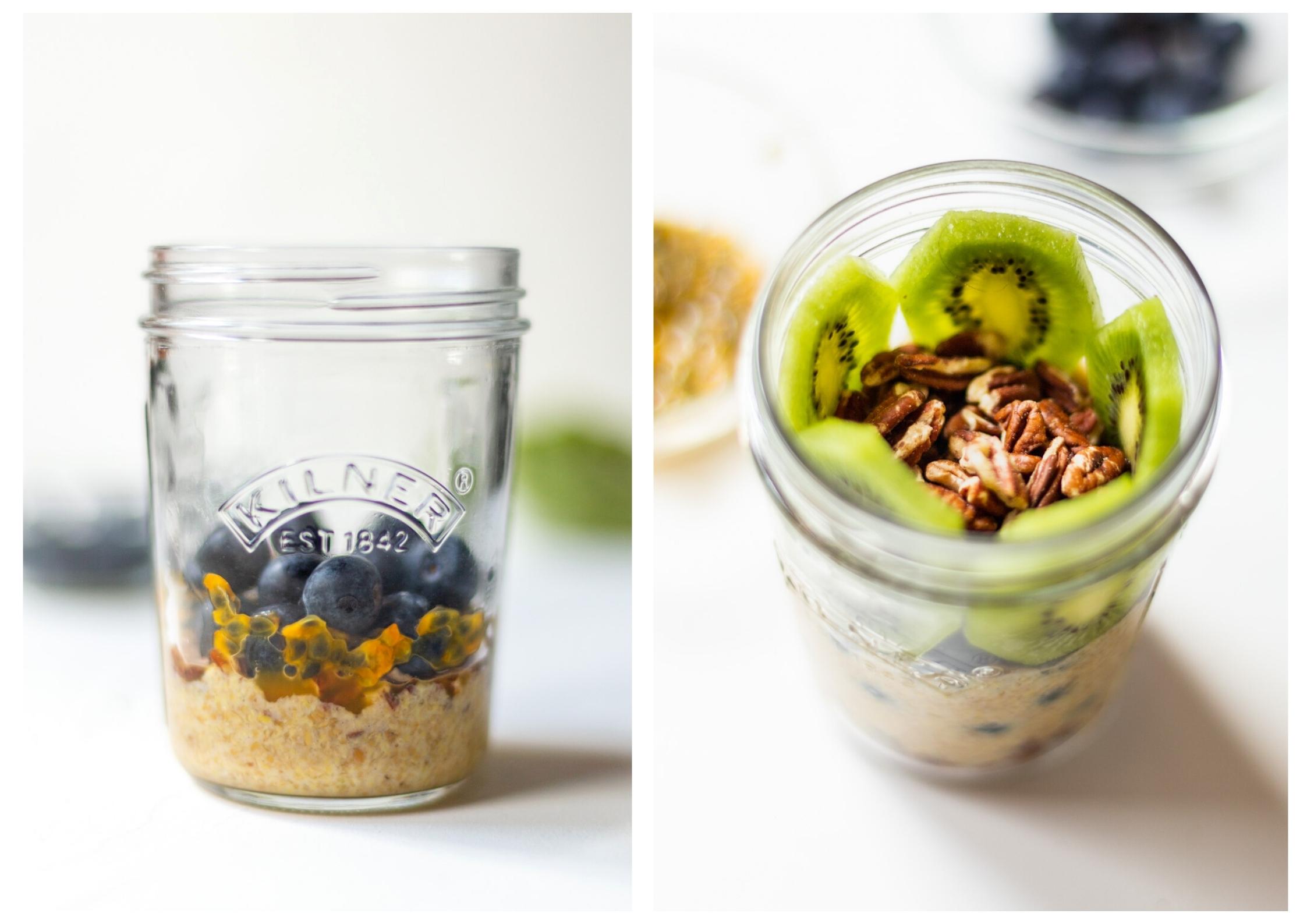 Side by side photos of a mason jar being layered with the flaxseed pudding, and the fresh fruits and nuts.