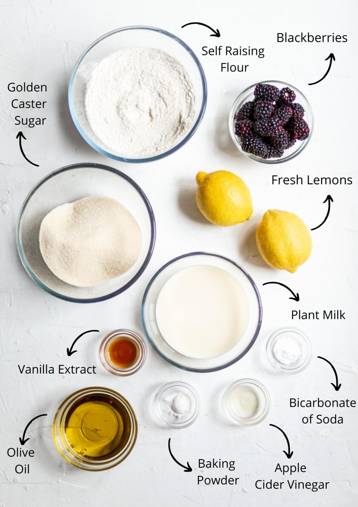 Lemon and blackberry cake ingredients on a white background with labels.