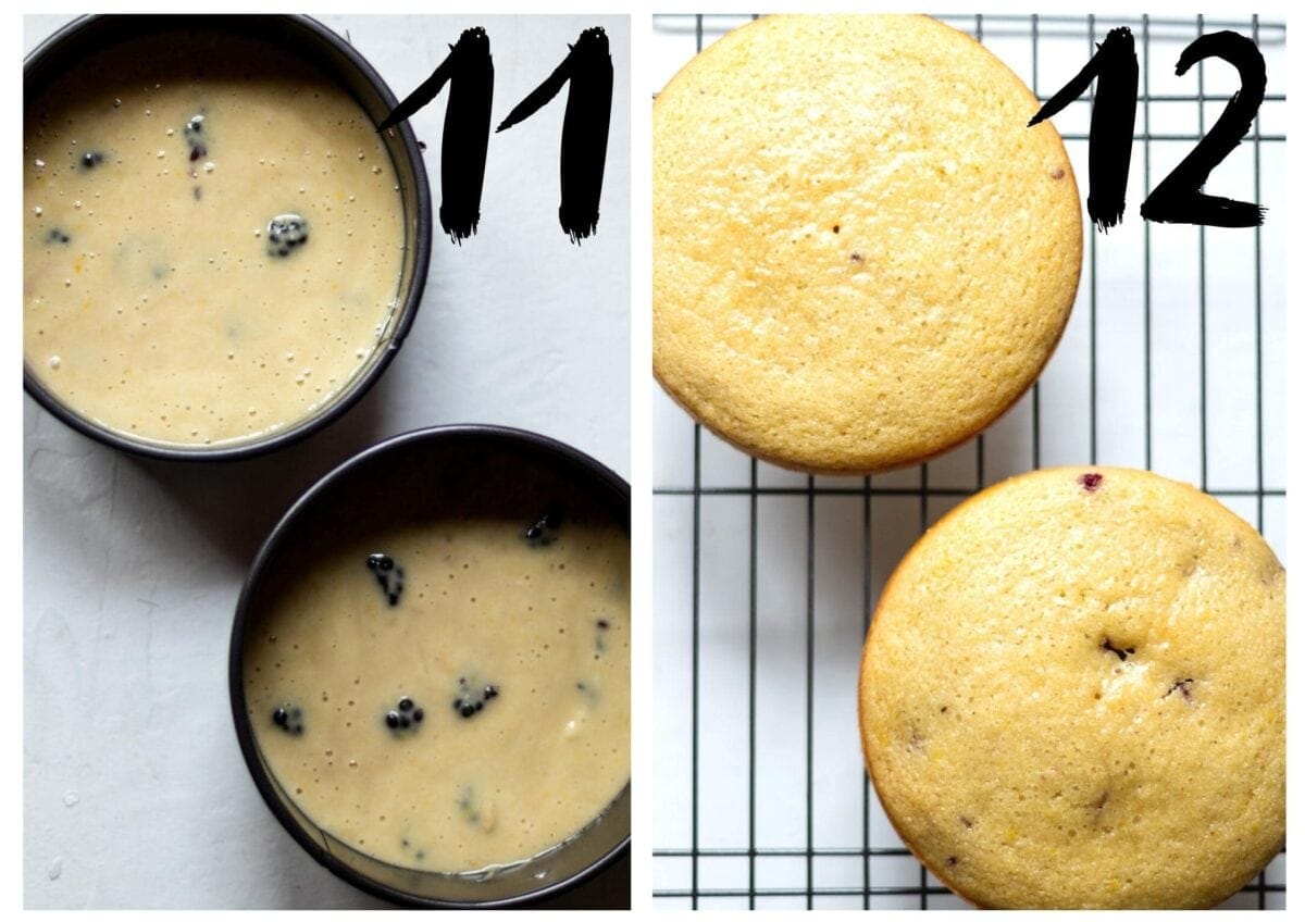Side by side photos. On the left, two cake tins, filled with the lemon blackberry cake batter. On the right the cooked cakes on a cooling rack.