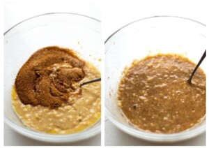 Side by side photos. Sugar being added to the wet mixture, then stirred in.