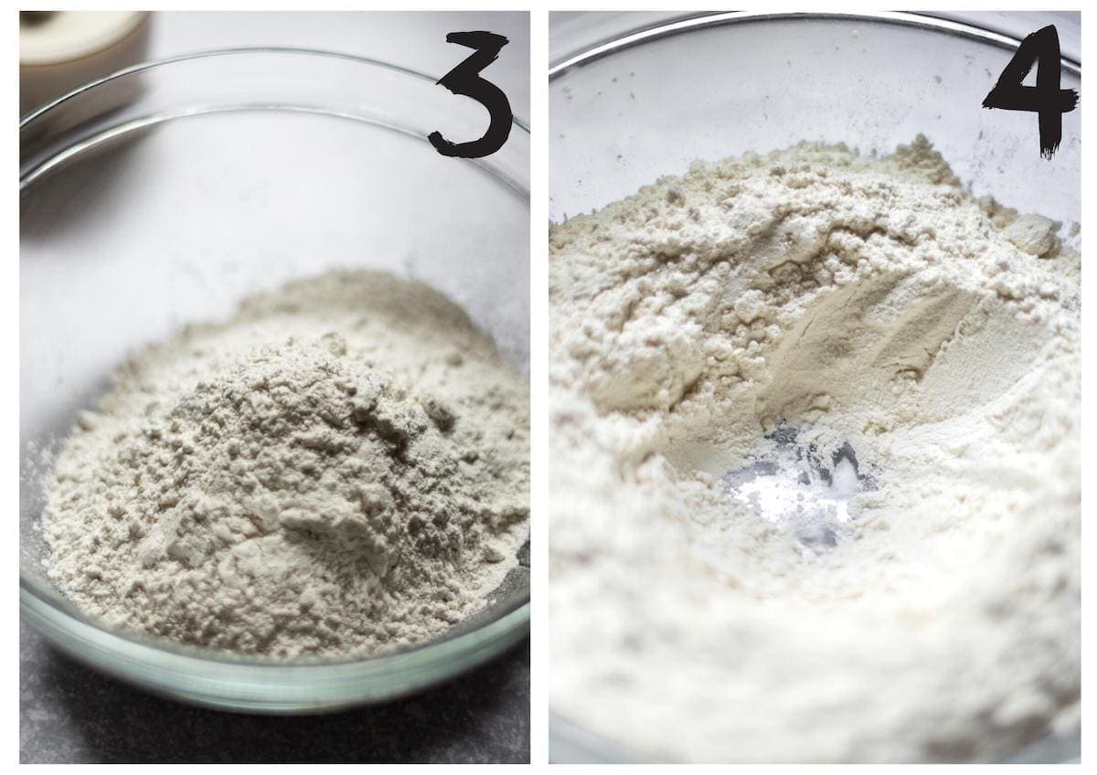 Side by side photos of the flour in a glass bowl, left side shows flour after being poured in, and right side shows a well in the centre of the flour.