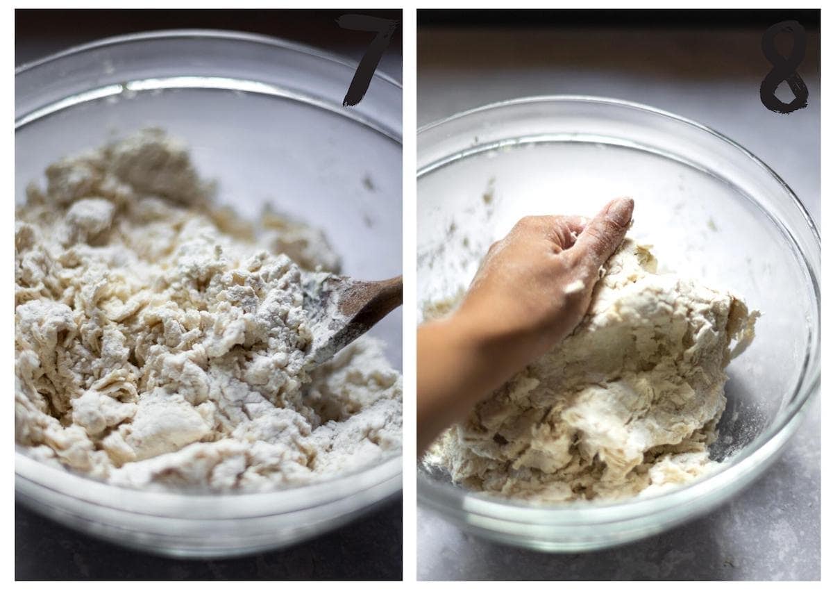 Side by side photos of the dough forming as the flour and tofu are being mixed together.