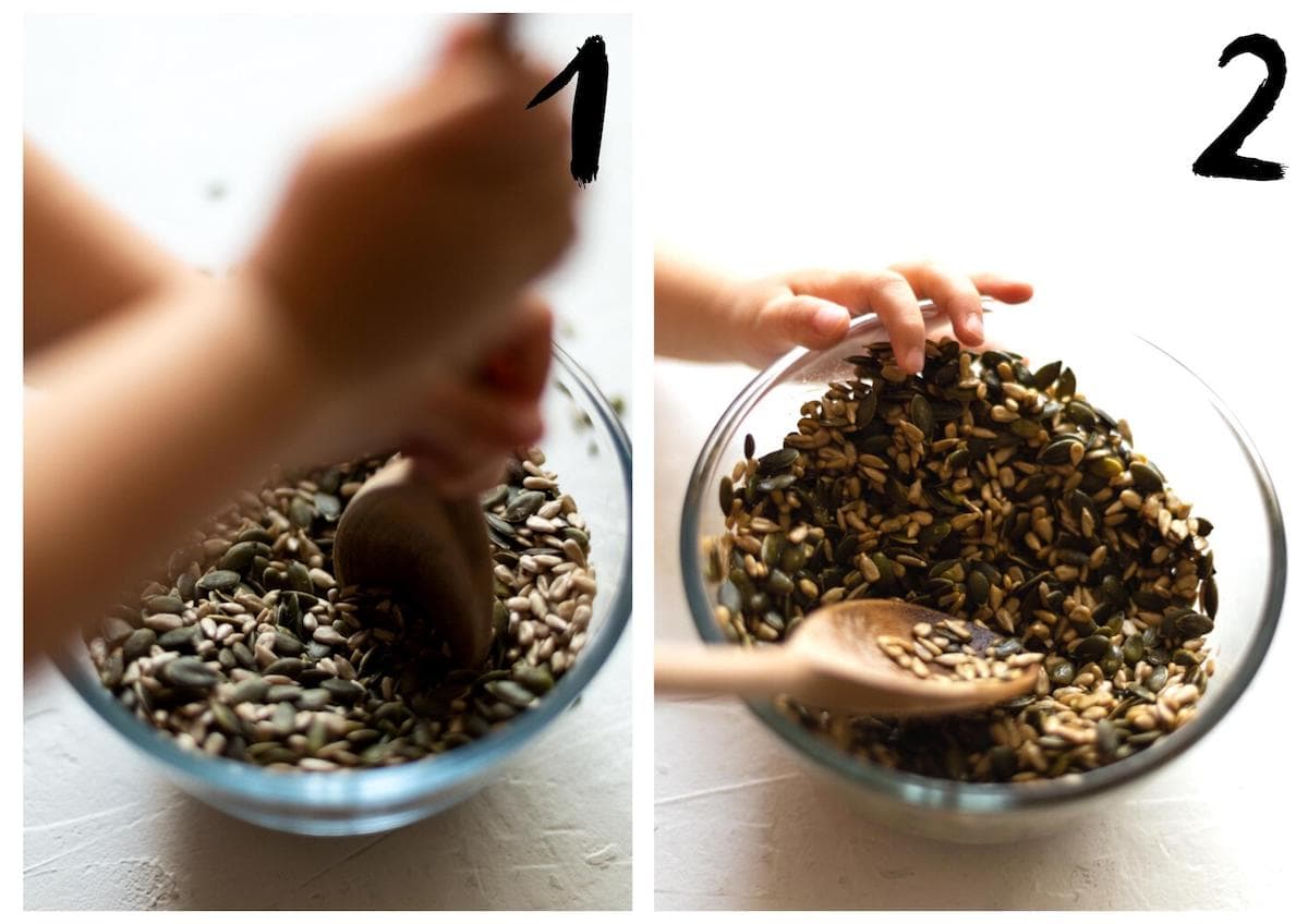 Side by side photos of the seeds and tamari in a glass bowl being stirred with a wood spoon by my toddler.