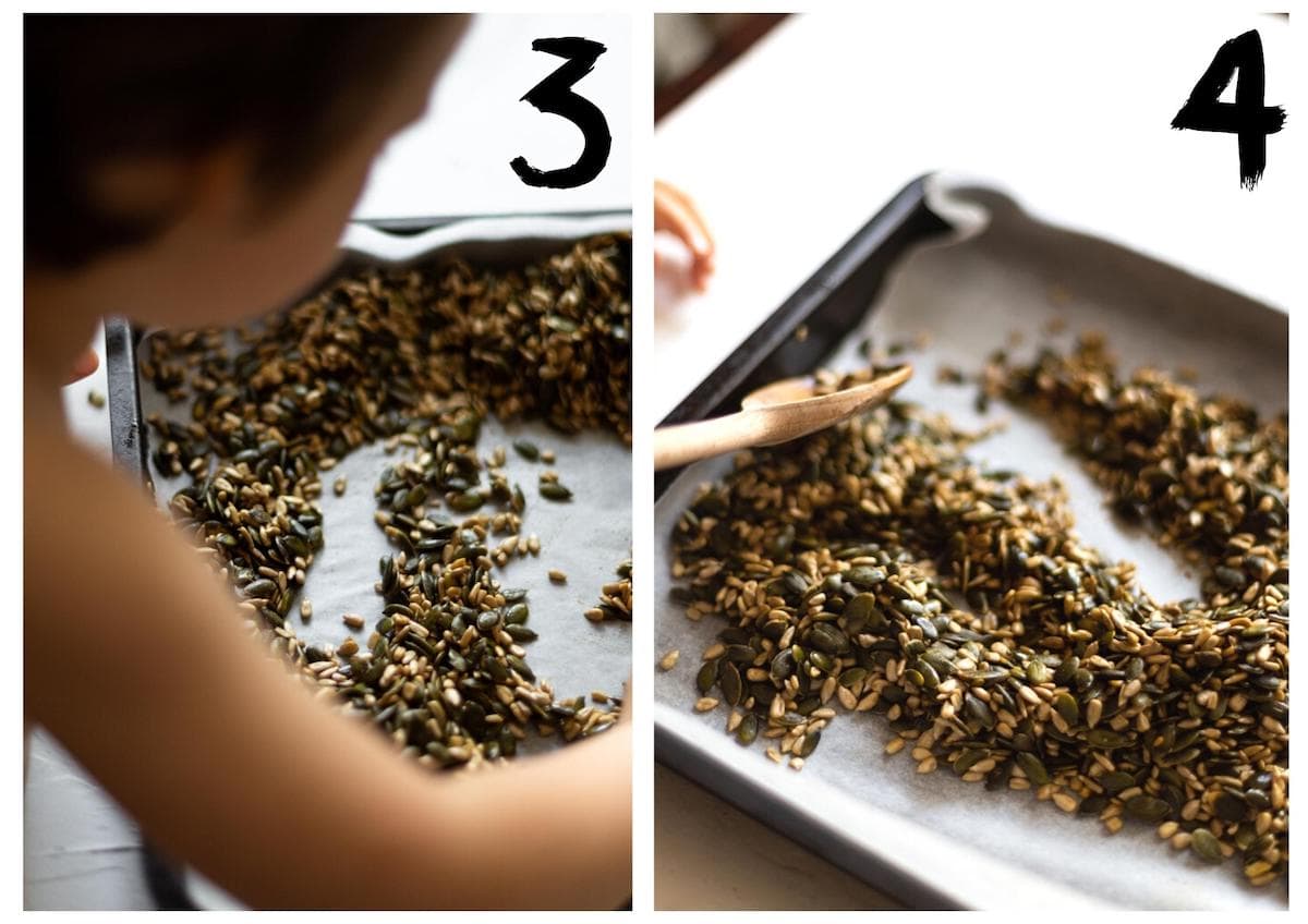 Side by side photos of my 3 year old spreading the seeds on to a lined baking, tray prior to roasting.