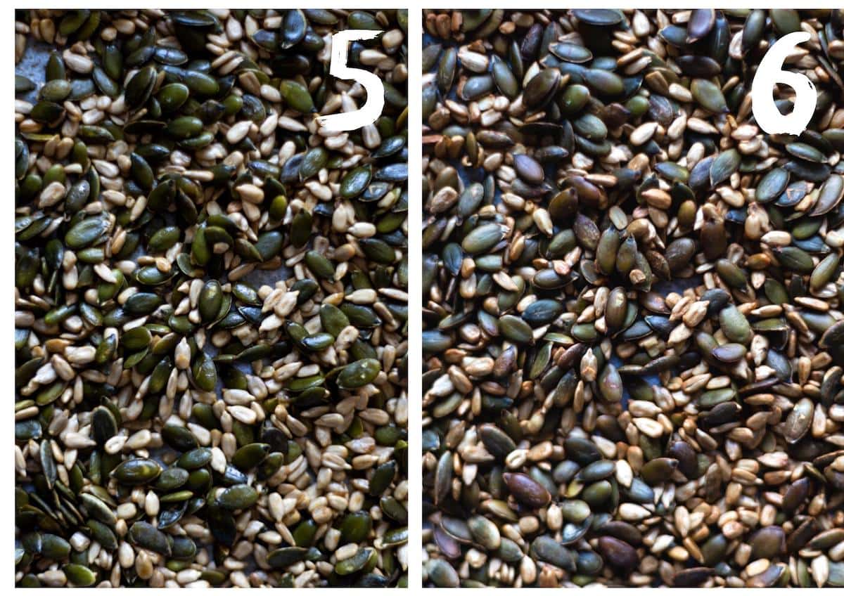 Side by side photos of the sunflower and pumpkin seeds before and after roasting