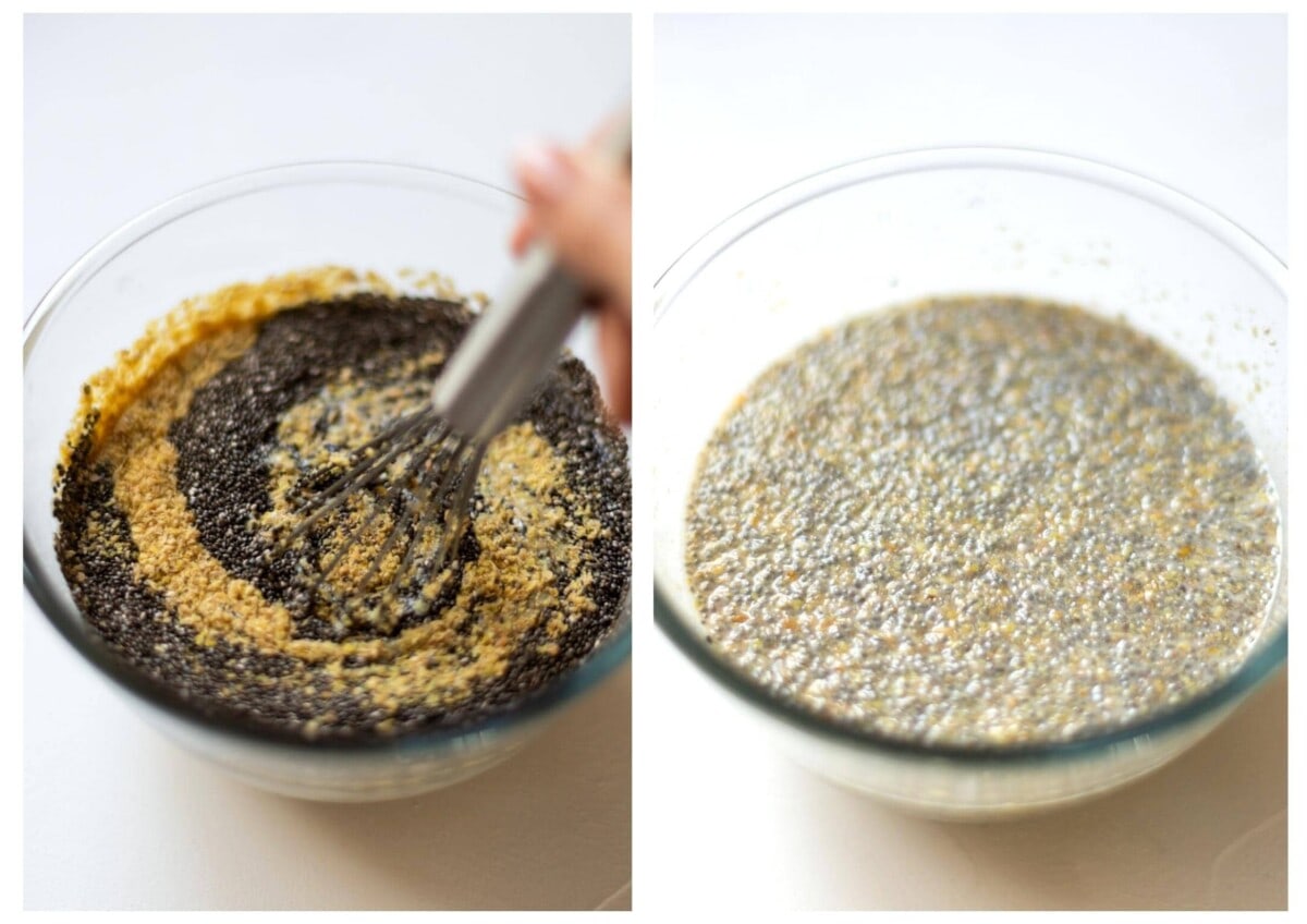 Two side by side photos showing a glass bowl containing the chia seed, ground flaxseed, plant milk and maple syrup being stirred together with a whisk.