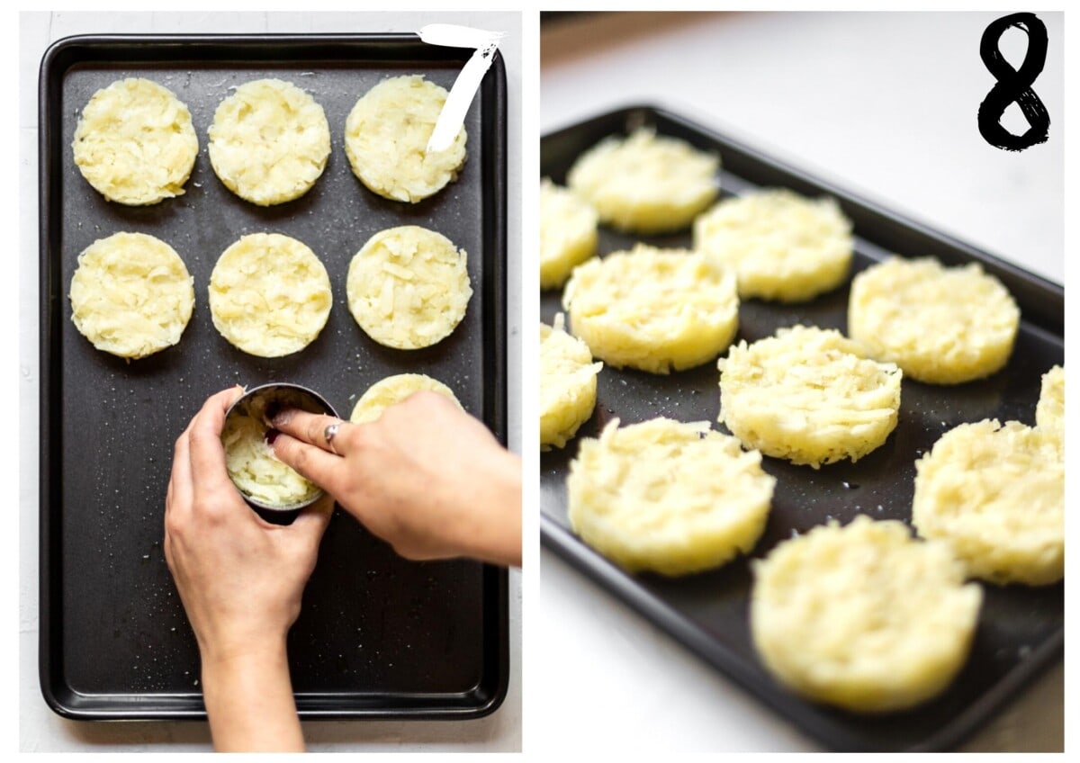 Two side by side photos. One photo is showing the hash brown mixture being pressed in to a circular mould, on to a black baking tray. The other photo shows the tray filled with the uncooked hash browns.