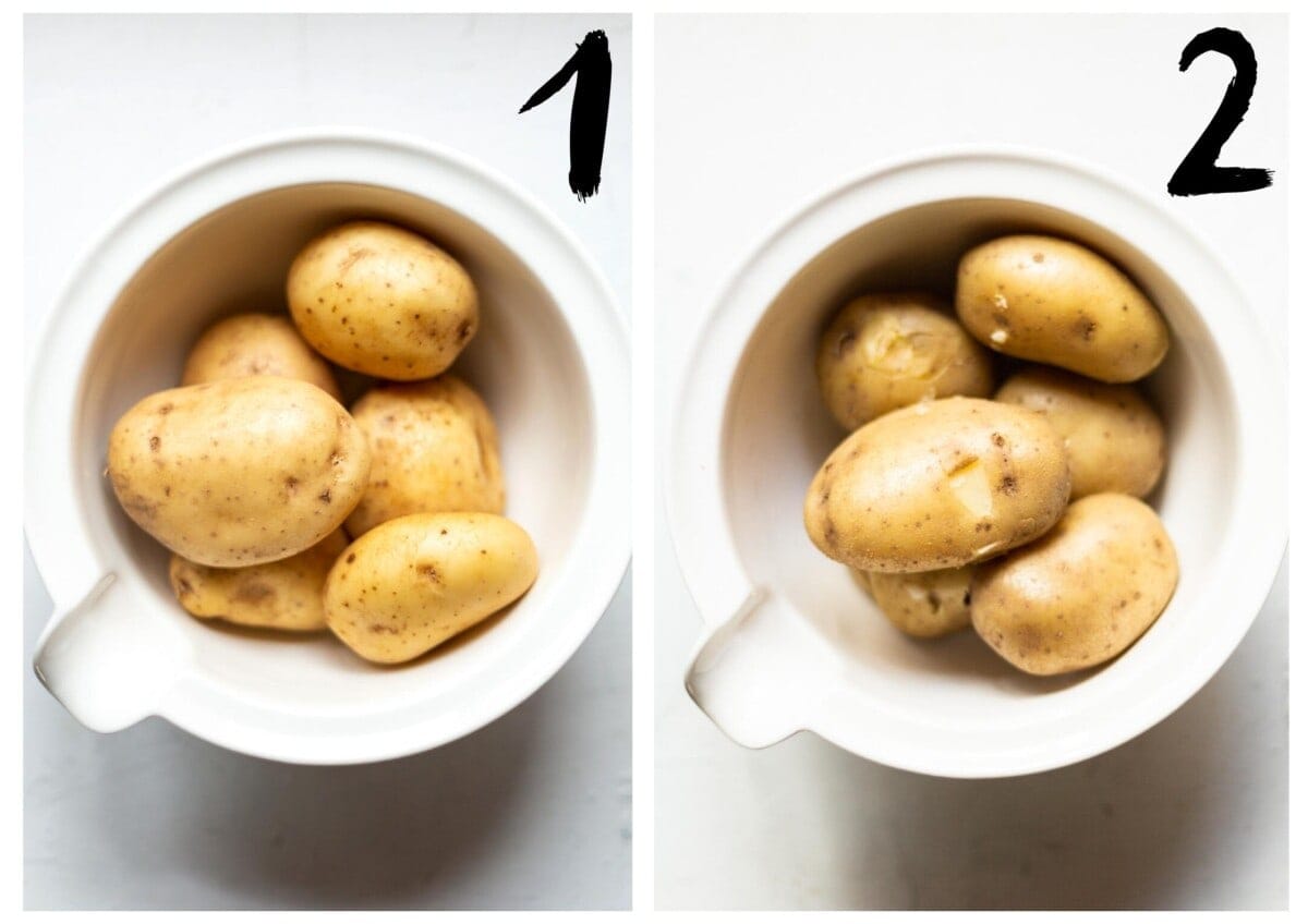 Side by side photos showing the potatoes before and after boiling.