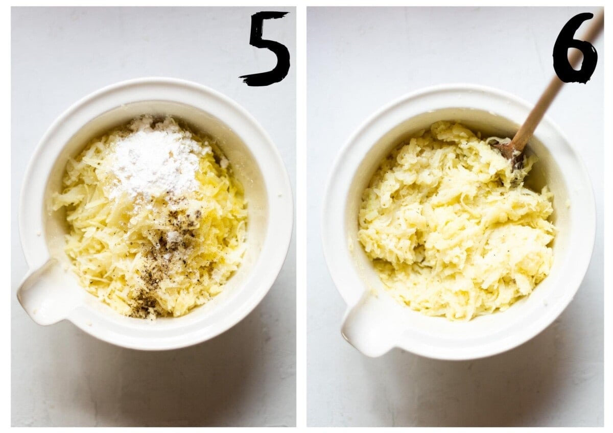 Two side by side photos of the grated potatoes, grated onion, cornstarch, olive oil and salt and pepper in a white ceramic bowl, before and after mixing together.