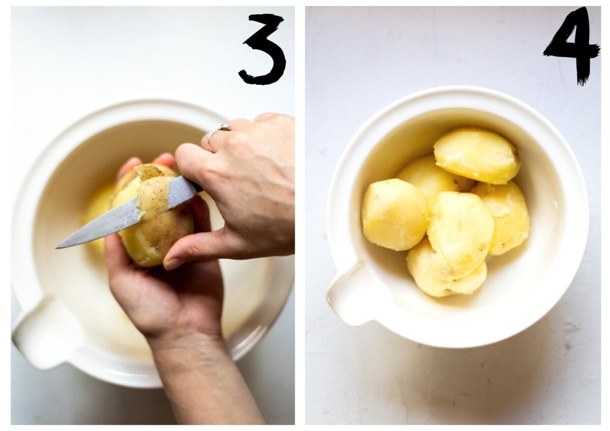 Two side by side photos. One picture shows the parboiled potatoes being peeled, and another showing all potatoes peeled in a white ceramic bowl.