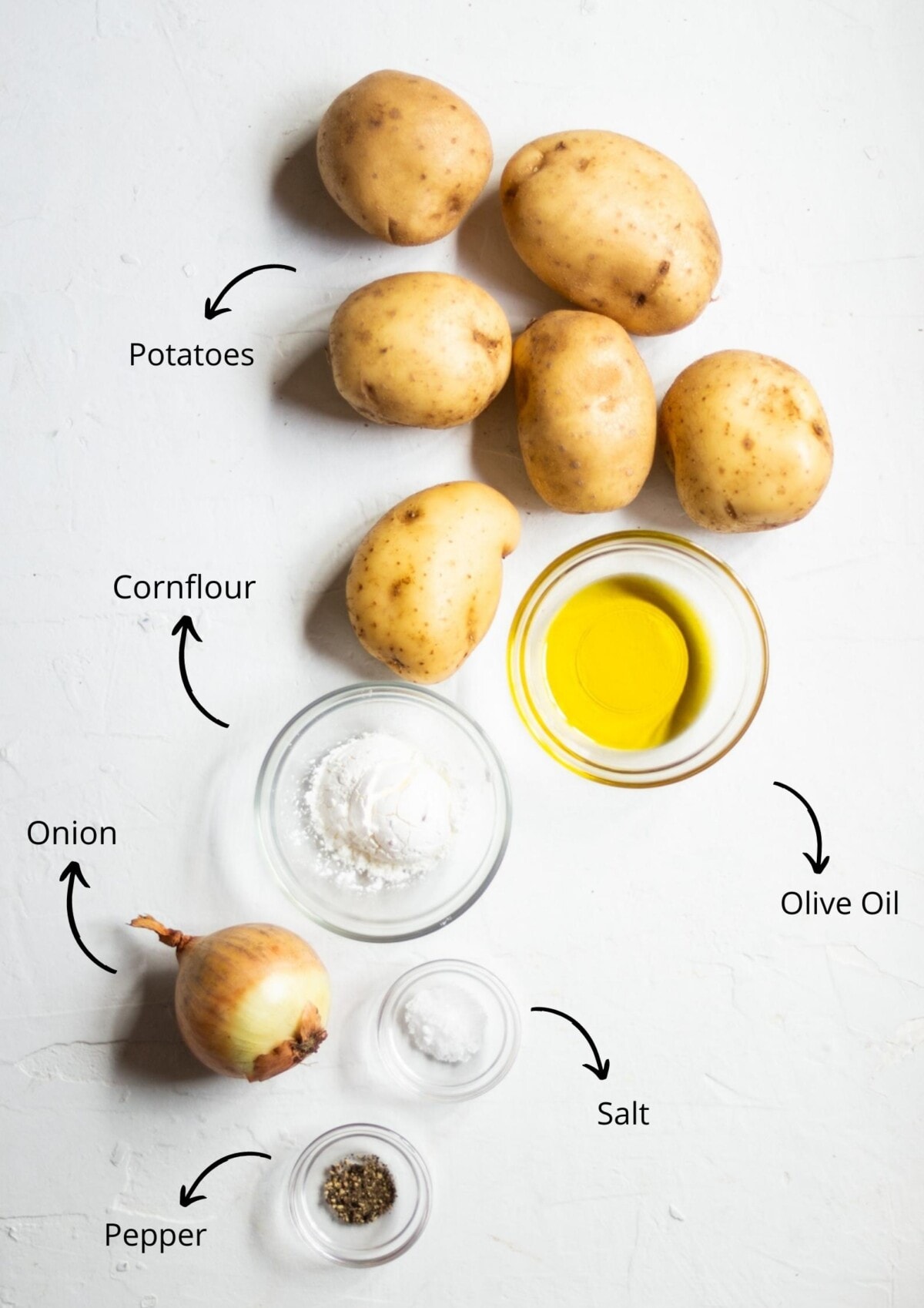 The hash browns ingredients, laid out on a white background, with labels.