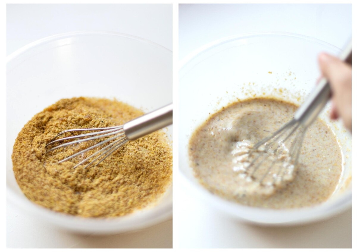 Side by side photos showing the ground flaxseed being stirred in to a bowl of plant milk with a whisk.
