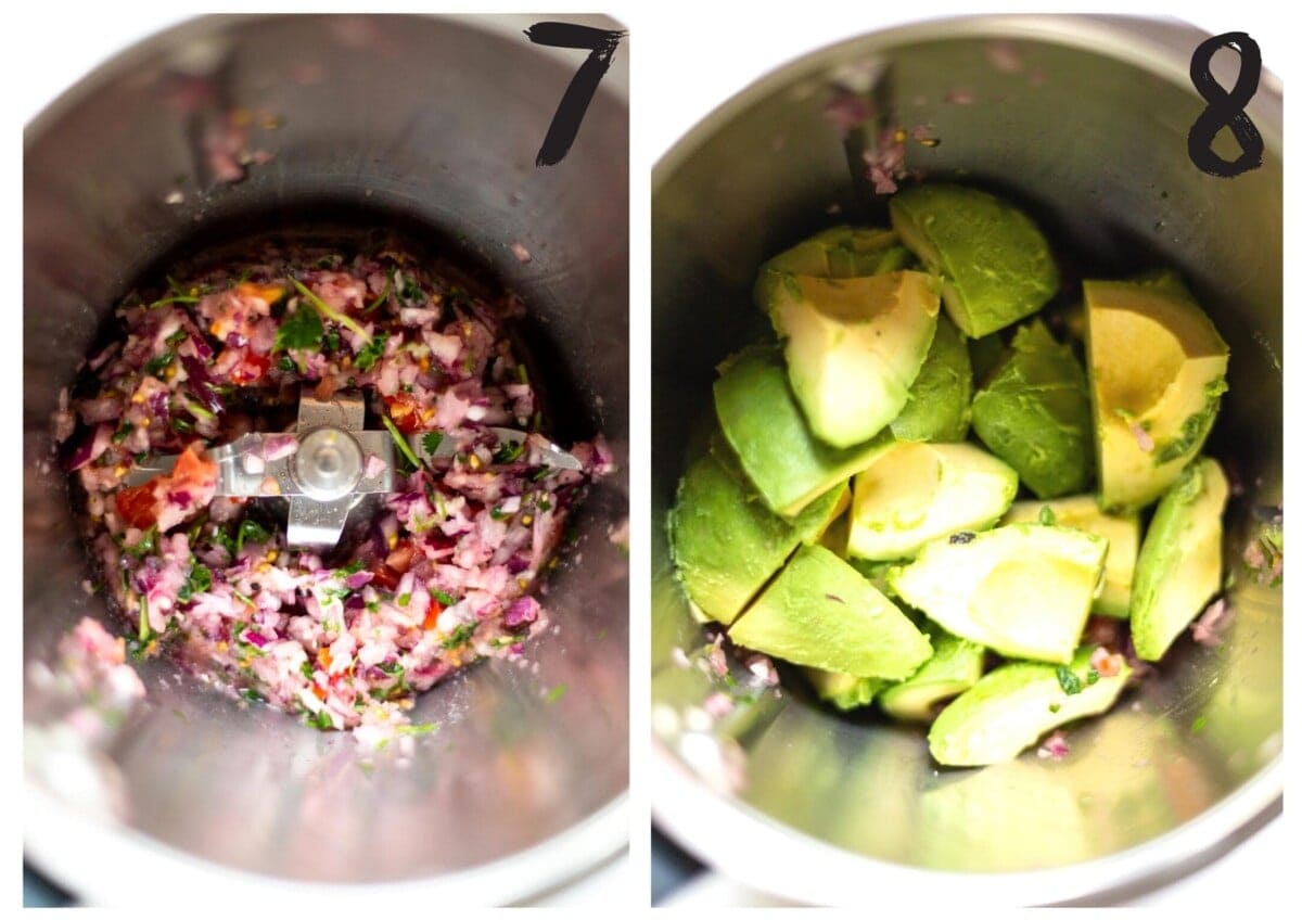 Two photos of the Thermomix bowl, before and after adding the avocado to the other chopped ingredients.