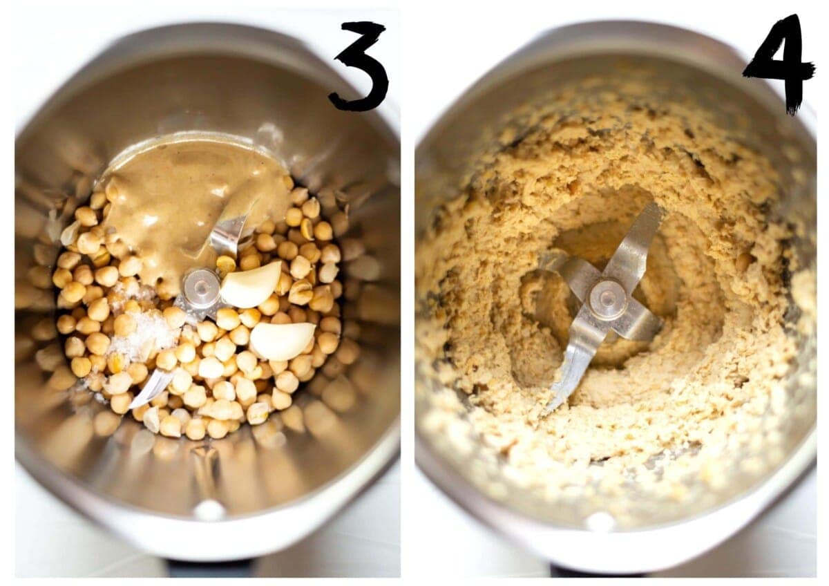 The hummus ingredients before blending in the Thermomix, next to a photo of the hummus after blending for about half of the recipe time.