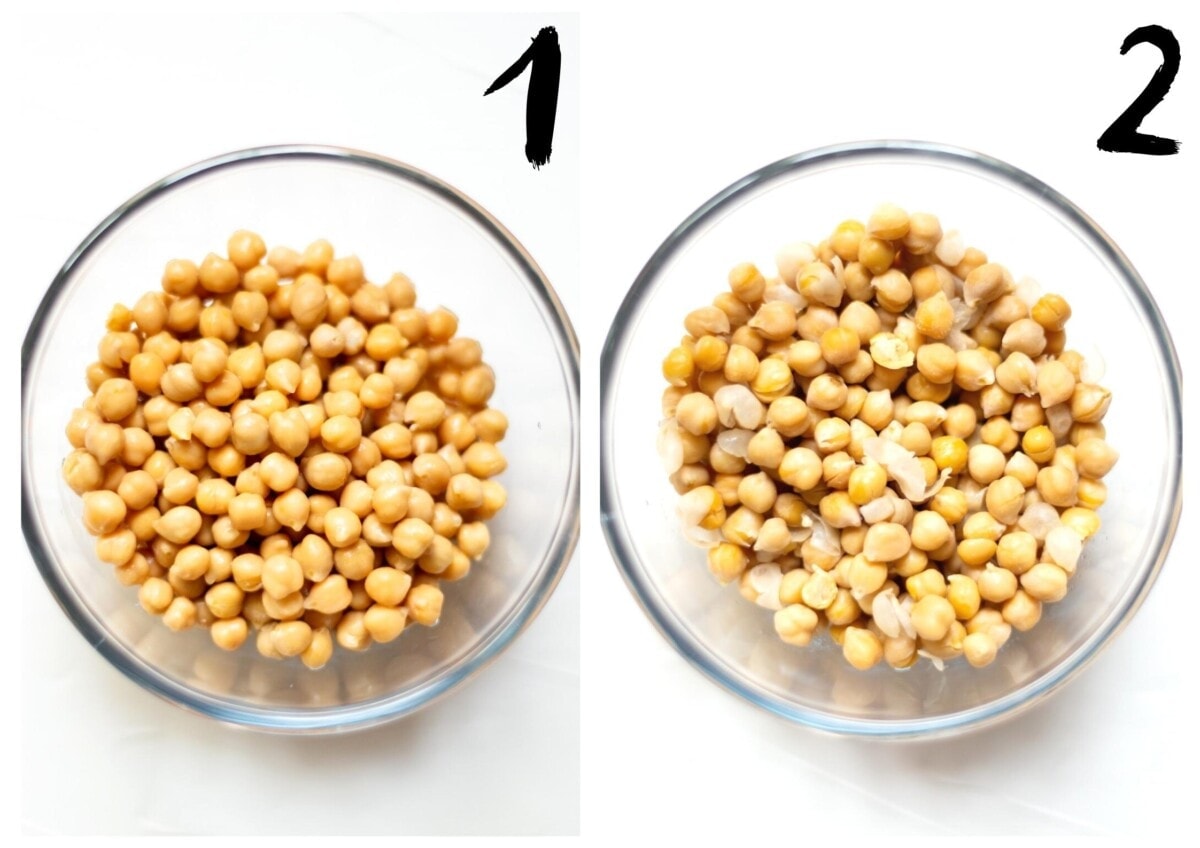 Side by side photos showing the chickpeas, in a glass bowl, before and after boiling.