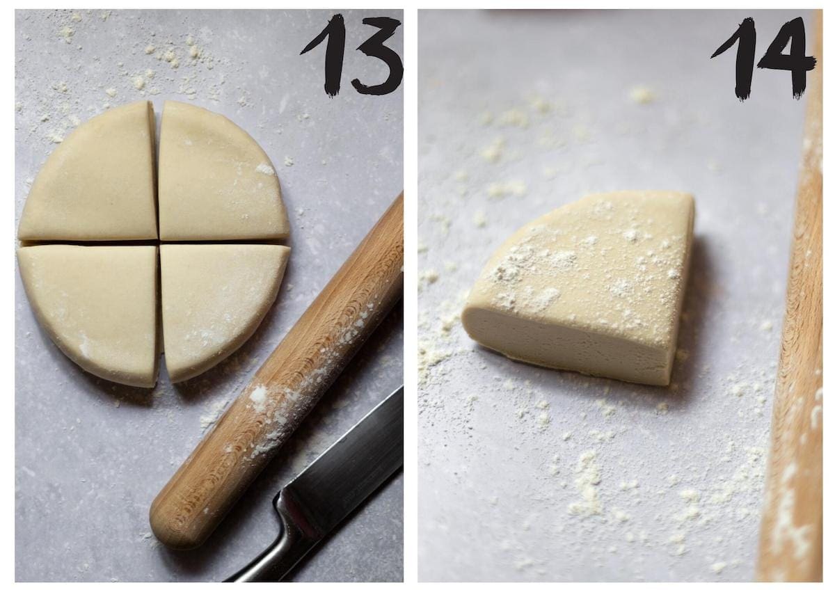 Side by side photos of the kneaded homemade pasta dough being cut in to quarters.