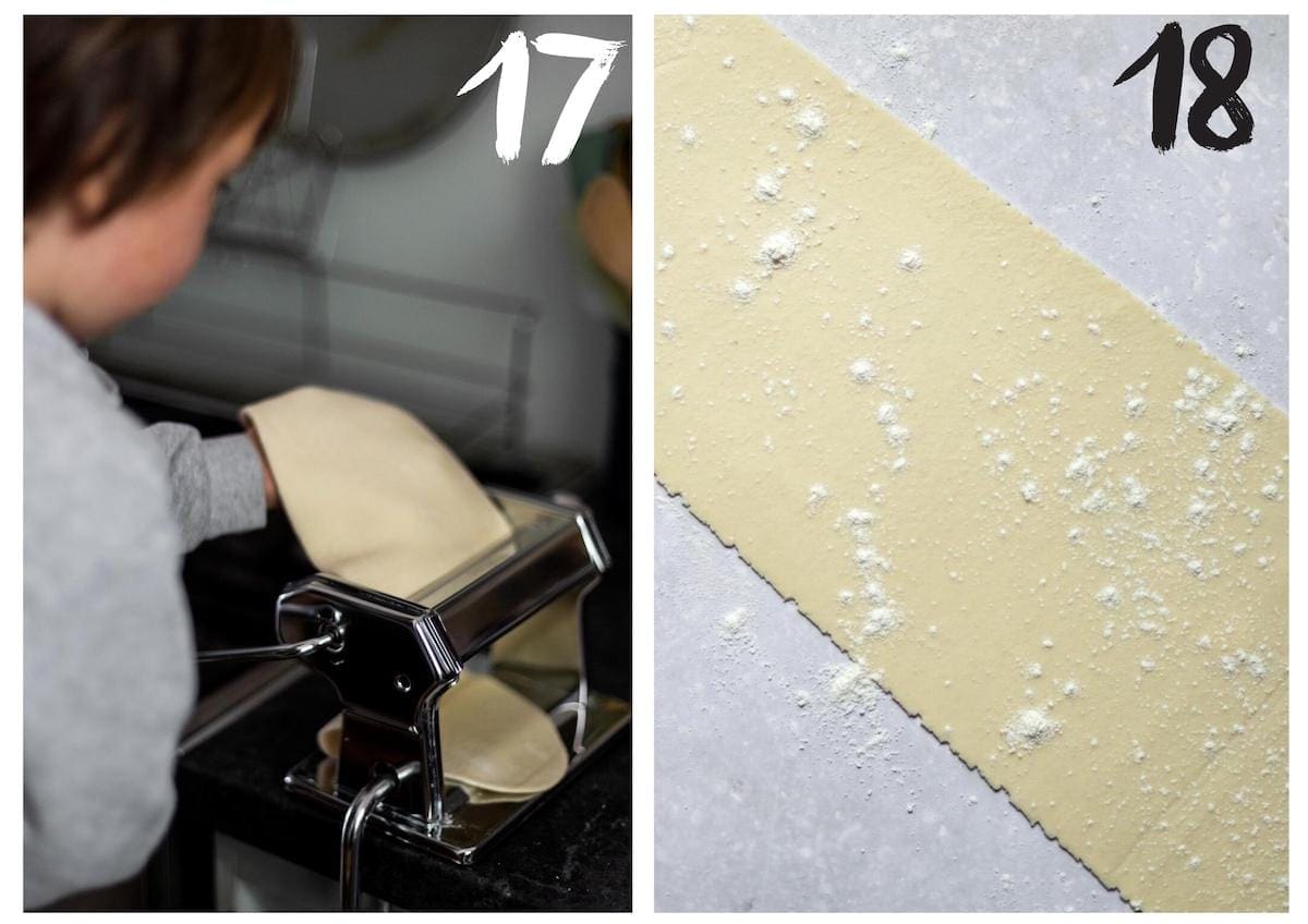 Photo of our 3 year old rolling the pasta dough through a pasta machine, next to a photo of the rolled Homemade vegan pasta dough dusted with extra flour.