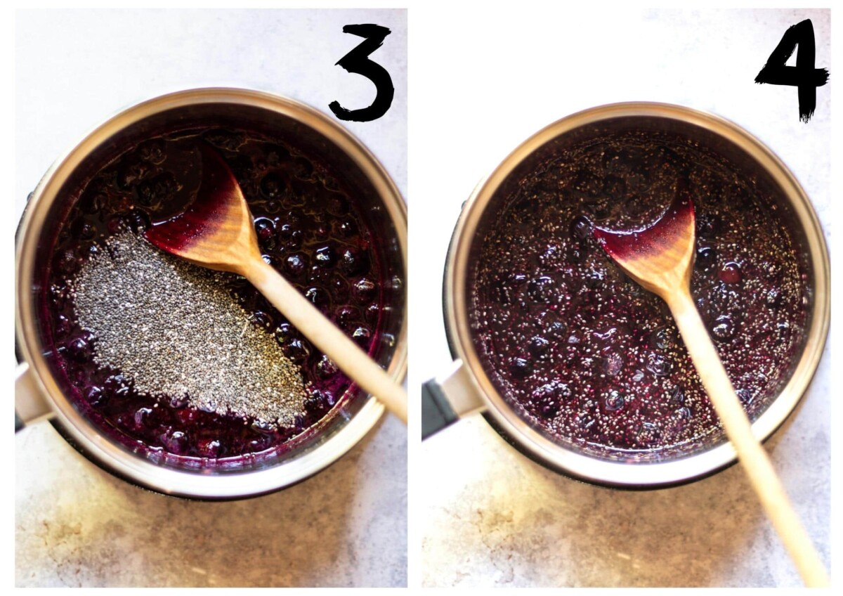 A saucepan of cooked blueberries with the chia seeds added and stirred through.