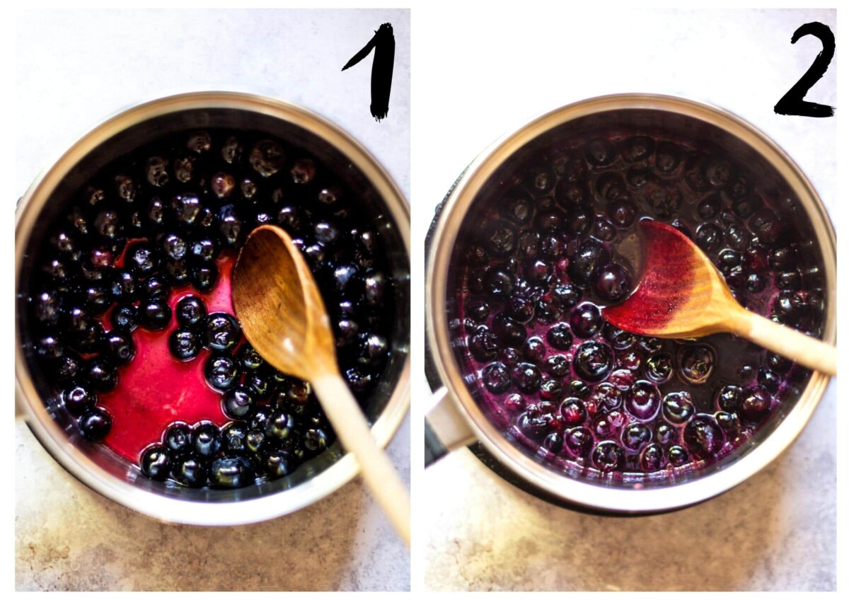 Cooking the blueberries in a saucepan to release all the juices.