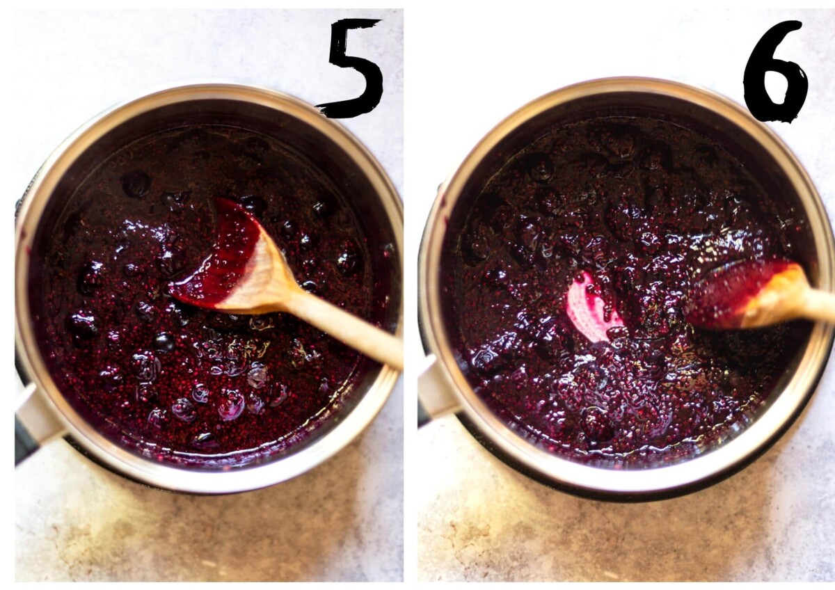 A saucepan of the jam showing it thickening as it cooks.