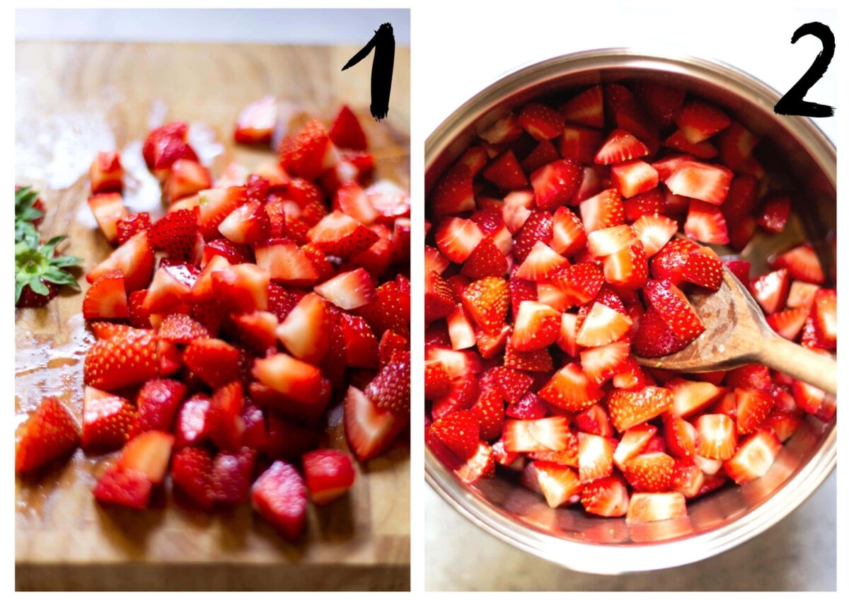 Cut strawberries on the chopping board, and then being added to the saucepan.