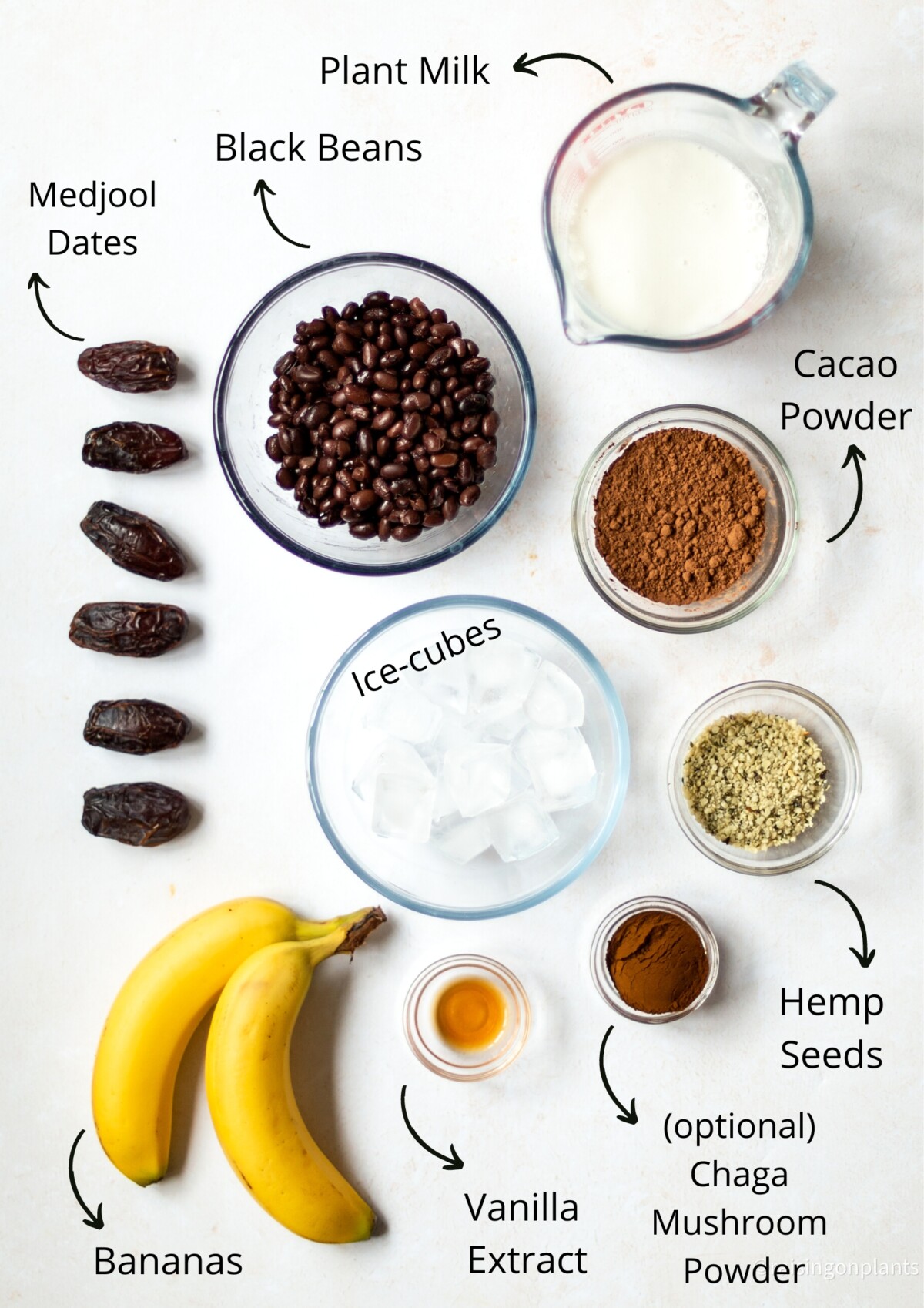 All of the black bean smoothie ingredients laid out on a light background.